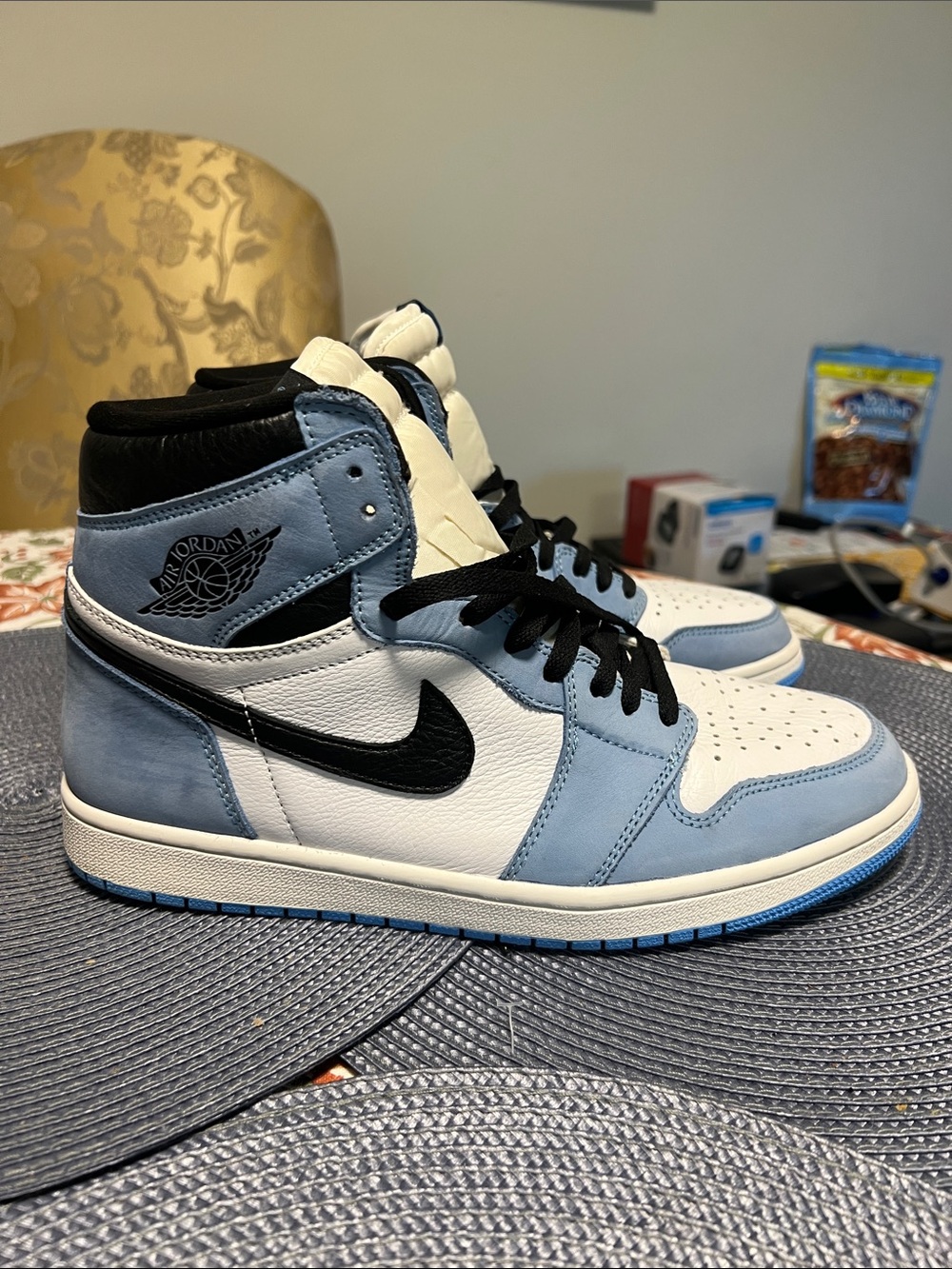Jordan 1 Retro Men’s High Top Sneakers in White, Light Blue & Black